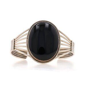 Native American Navajo Onyx Solitaire Cuff Bracelet 6 3/4" - Sterling 925 Cab